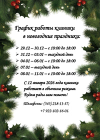 ������ ������ ������� � ���������� ���������: 29.12 � 30.12 � � 10:00 �� 18:00, 31.12 � 03.01 � �������� ����, 04.01 � 06.01 � � 10:00 �� 18:00, 07.01 � �������� ����, 08.01 � 11.01 � � 10:00 �� 18:00. � 12 ������ 2026 ���� ������� �������� � ������� ������. ����� ���� ��� ������! �������: (343) 218-11-57; +7 922 102-16-01.